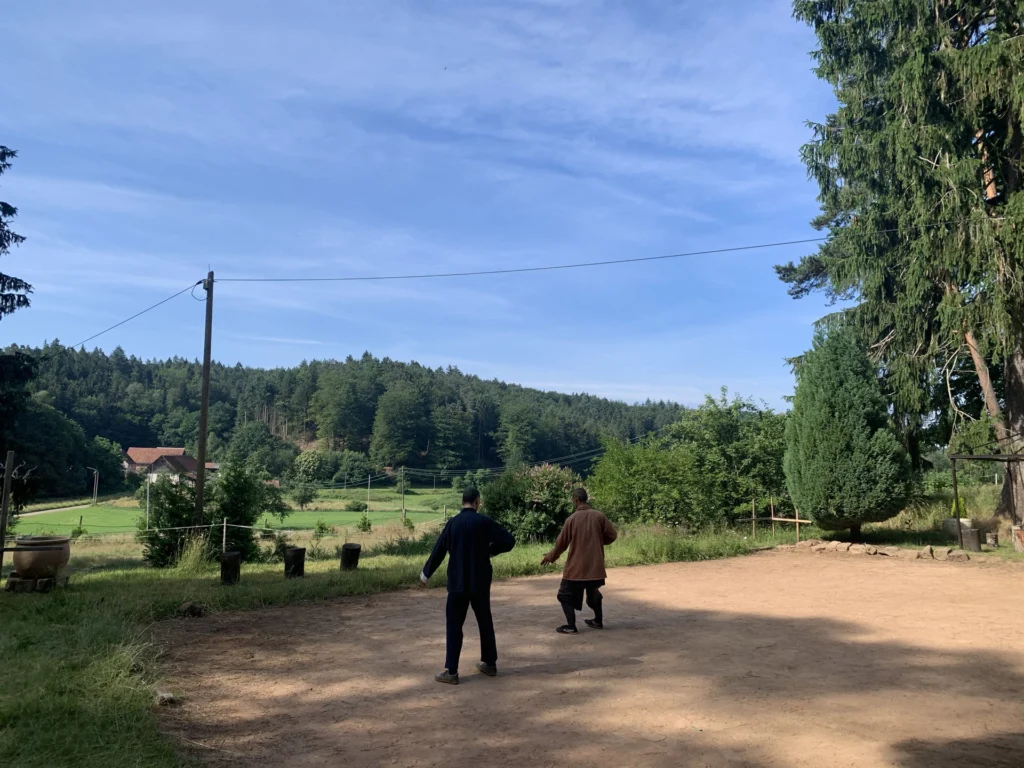practicando Qi Gong con el maestro Shi Heng Yi en el templo shaolin europa