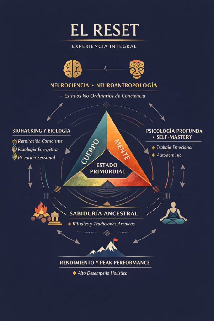 El Reset es una experiencia integradora que fusiona neurociencia, antropología, biohacking, psicología profunda, sabiduría ancestral y alto rendimiento para inducir estados no ordinarios de conciencia y activar el potencial humano sin usar sustancias.